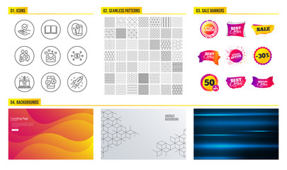 Seamless pattern. Shopping mall banners. Set of Dating chat, Approved and Start business icons. Book, Face biometrics and Phone survey signs. Love mail, Dollar exchange and Startup rocket symbols