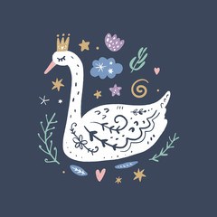 Princess swan nursery wall art, animal prints, baby room pictures, commercial and personal use clip art, vector graphics