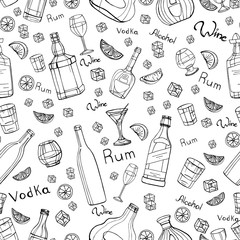 The pattern is drawn by hand, a vector image. Outline bottles, brandy and rum, glass, lime and ice cubes.