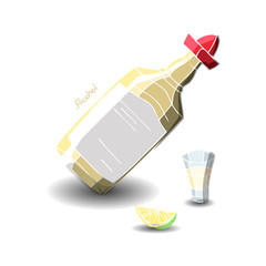 A bottle of tequila on a white background surround. Glass on a white background. Hand-drawn.