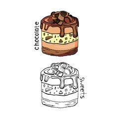 Cake drawn by hand. Chocolate dessert with chocolate icing and chocolate chips, sketch style vector illustration color and contour image.