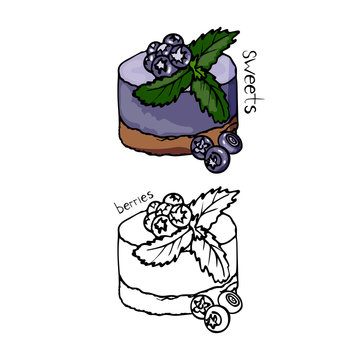 Blueberry cupcake, hand-drawn, color and outline illustration.