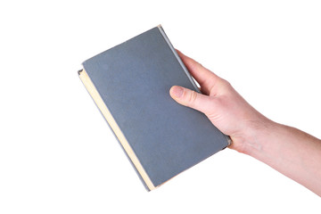 Man hand holding grey old book on white background