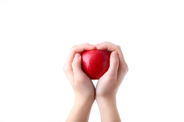 Female hand holding red apple isolated on white background