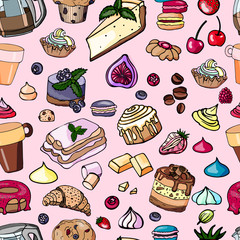 The pattern is drawn by hand, the color vector image. Sweets, for cloth, menu, cake, cheesecake, croissant, marshmallows, berries, chocolate cake.