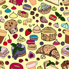 The pattern is drawn by hand, the color vector image. Sweets, for cloth, menu, cake, cheesecake, croissant, marshmallows, berries, chocolate cake.