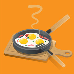 Fried eggs on a frying pan, with fresh green onions and fried bacon