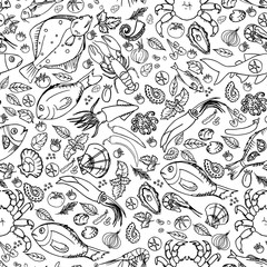 Pattern on a white background with seafood and fish contour black.