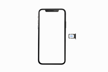 Smartphone and sim card with blank white screen - obrazy, fototapety, plakaty