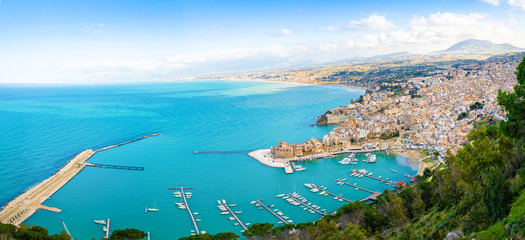 Aerial panoramic view of Castellammare del Golfo town, Trapani, Sicily, Italy - obrazy, fototapety, plakaty