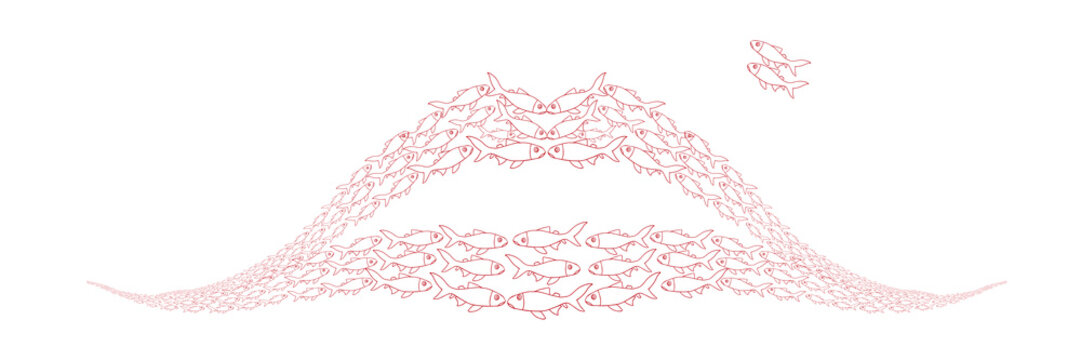 Contour fish from small to crooked moving wave in the form of lips on a white background.