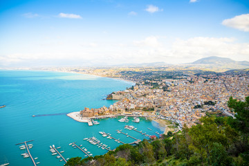 Fototapeta na wymiar Aerial panoramic view of Castellammare del Golfo town, Trapani, Sicily, Italy