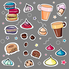 Stickers, cake, sweets on a gray colored background. drawn by hand. muffin, marshmallows, marshmallows, macaroons, coffee, cookies colored stickers.
