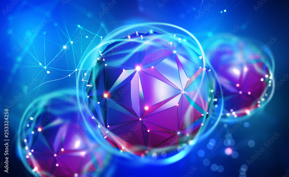 Poster Digital mind. Work on the creation of artificial intelligence. Wireless network technology. 3D illustration of an innovative processor in the global cyberspace of the future