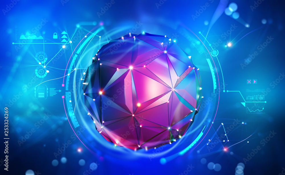 Poster Digital mind. Work on the creation of artificial intelligence. Wireless network technology. 3D illustration of an innovative processor in the global cyberspace of the future
