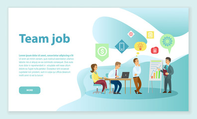 Team job vector, employees listening to boss on conference. Employer explaining infographics and results of project. Professional brainstorming making plan