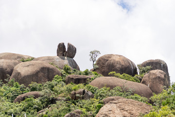 Rocky landscape in Pedra Grande Park in Atibaia, Sao Paulo, Brazil. On the top of the mountain there is a rock split in two struck by a lighting