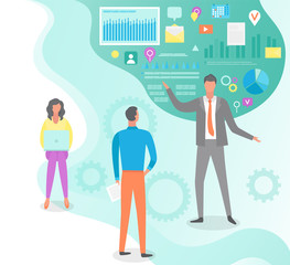 People listening to boss vector, social media icons, infographics and visualized data. Ceo manager, management basics, video and gear in flat style