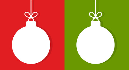White Christmas balls on red and green background.
