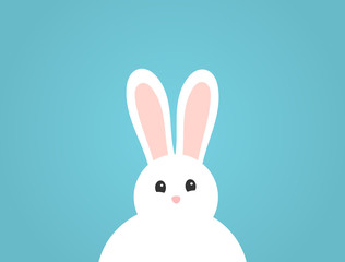 Adorable fluffy white bunny on blue background.