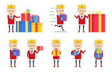 Set of old king characters posing with gift box in various situations. Funny king holding birthday present, running and showing other actions. Flat design vector illustration