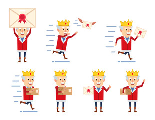 Set of old king characters with letter posing in various situations. Funny king holding letter, parcel, running and showing other actions. Flat design vector illustration