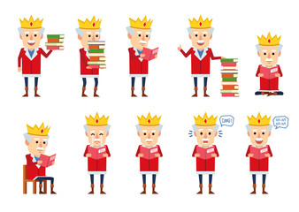 Set of old king characters posing with book in various situations. Cheerful king reading a book, crying, surprised and showing other actions. Flat design vector illustration