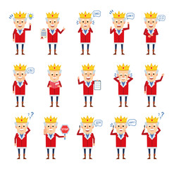 Set of old king characters showing various actions. Cheerful king talking on phone, reading book, crying, surprised, angry and showing other actions. Flat design vector illustration