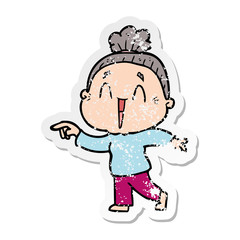 distressed sticker of a cartoon happy old lady