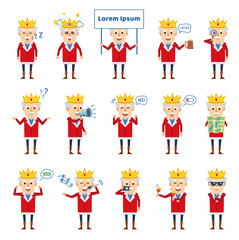 Set of old king characters showing various actions. Cheerful king holding map, signboard, loudspeaker, sleeping and showing other actions. Flat design vector illustration