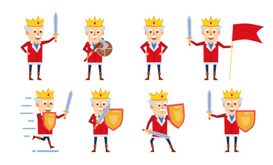 Set of old king characters showing various battle actions. Cheerful king holding sword and shield, attacking and showing other actions. Flat design vector illustration