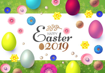 Happy Easter Design Template with Realistic Colorful Eggs,Banner, Spring Flowers and Grass.