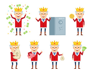 Set of old king characters posing with money in various situations. Cheerful king holding bag of money, piggy bank and showing other actions. Flat design vector illustration