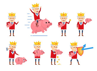 Set of medieval king characters posing with piggy bank in different situations. Funny king riding big piggy bank, saving money and showing other actions. Flat style vector illustration