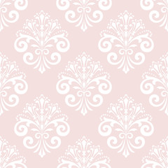 Fototapeta na wymiar Wallpaper in the style of Baroque. Seamless vector background. White and pink floral ornament. Graphic pattern for fabric, wallpaper, packaging. Ornate Damask flower ornament