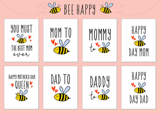 Mother's day, Father's day cards with cute bee, vector set