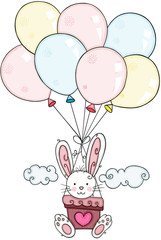 Cute bunny flying with balloons