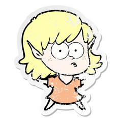 distressed sticker of a cartoon elf girl staring
