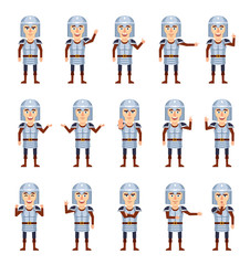 Set of medieval knight characters showing different hand gestures. Funny warrior pointing, greeting, showing thumb up and other gestures. Flat style vector illustration