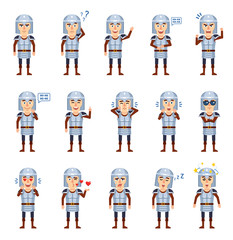 Set of medieval knight characters showing different emotions. Cheerful knight laughing, crying, angry, surprised, tired, dazed and showing other emotions. Flat style vector illustration