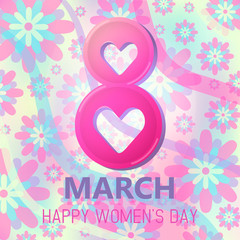 Vector illustration of stylish 8 march womens day with text sign and red heart balloon for greeting card, banner, gift packaging