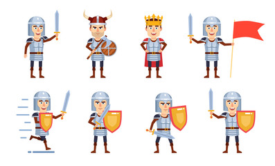 Set of medieval knight characters showing different battle actions. Cheerful knight holding flag, wearing crown and showing other actions. Flat style vector illustration