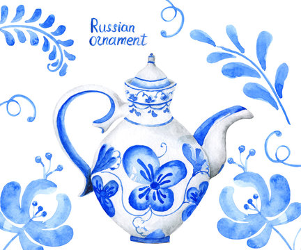 Russian ornament on a teapot painted in watercolor