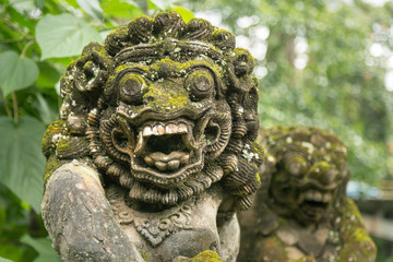 Portrait of balinese statue of barong god made of overgrow stone.