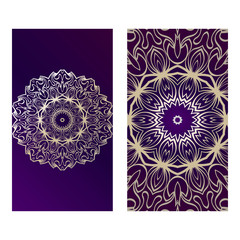 Ethnic Mandala Ornament. Templates With Mandalas. Vector Illustration For Congratulation Or Invitation. The Front And Rear Side. Purple gold color
