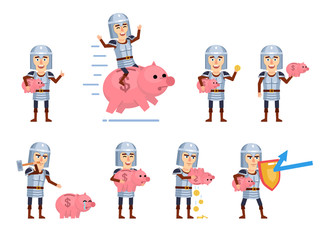 Set of medieval knight characters posing with piggy bank in different situations. Cheerful knight holding piggy bank, riding giant pig and showing other actions. Flat style vector illustration
