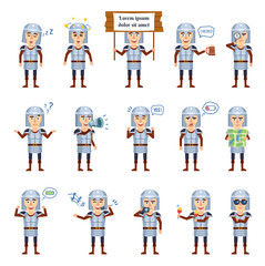 Set of medieval knight characters showing different actions. Cheerful knight holding signboard, map, loudspeaker, photo camera, magnifier and showing other actions. Flat style vector illustration