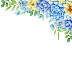 Obraz premium Watercolor painting wreath with leaves and succulents. Spring or summer flowers. Perfect for wedding, frame, quotes, greeting card, invitations.