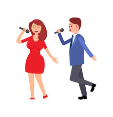 Woman and man singing song with microphone flat style isolated. Concert and couple of artists in casual clothes, performance girl and boy musicians vector