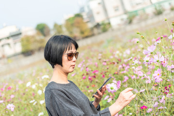 Naklejka premium woman take a picture on a flower